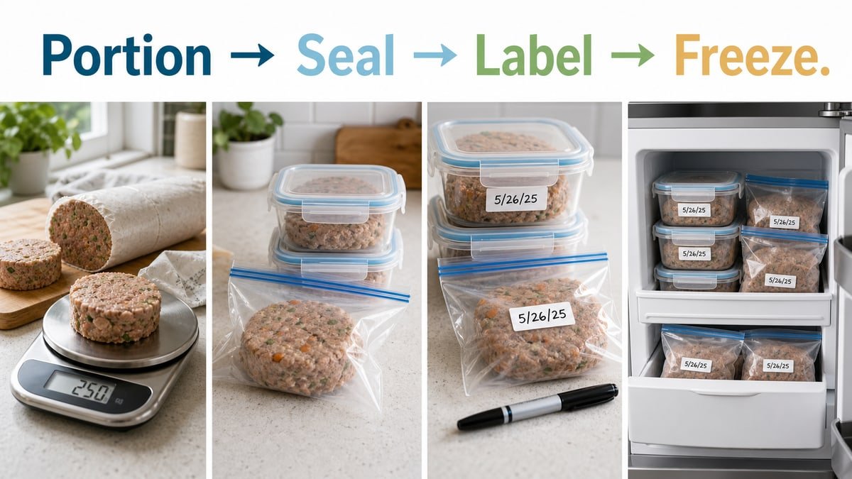 Four-step guide showing fresh dog food portioned, sealed, dated, and stored in a freezer