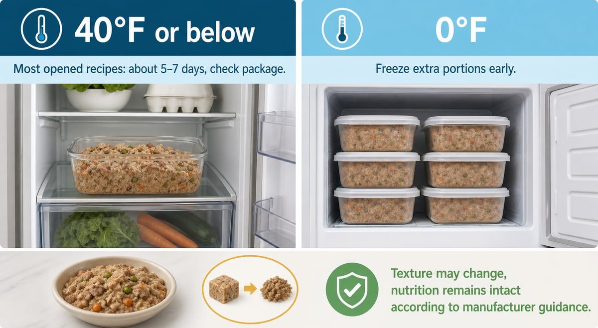 Comparison of fresh dog food refrigerated at 40 degrees or below and meal portions frozen at 0 degrees