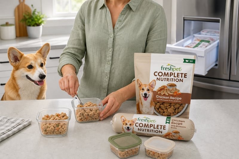 Dog food divided into measured storage portions