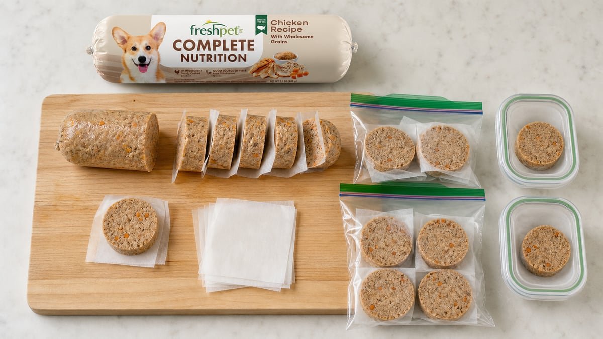 Freshpet roll divided into meal-size slices with parchment, freezer bags, and airtight containers