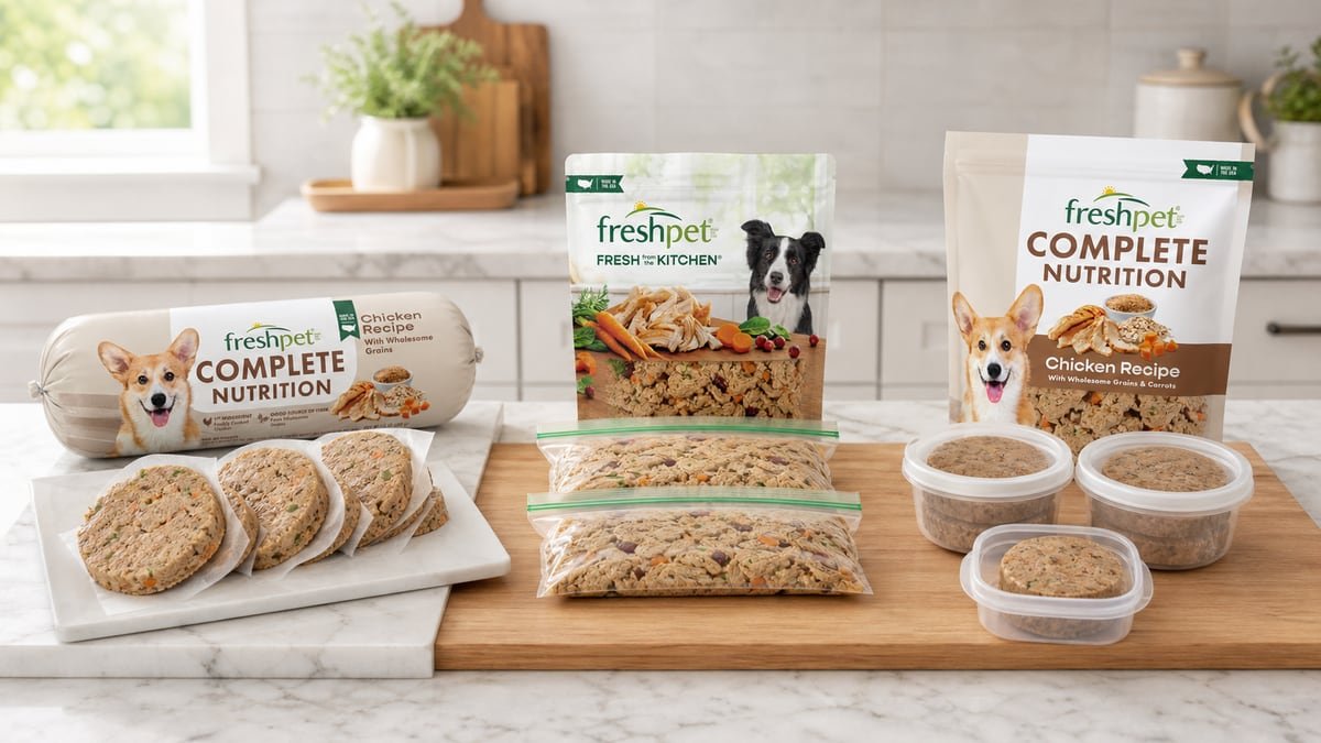 Freshpet roll, bagged meal, and patty-style portions prepared in separate freezer-safe packages