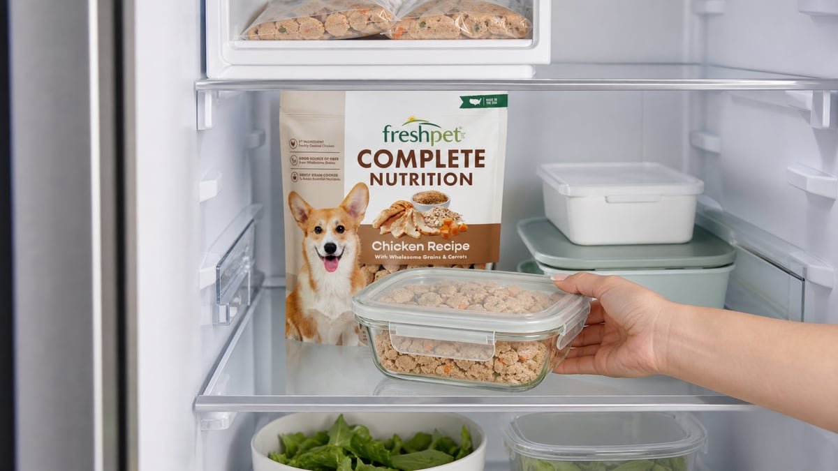 Sealed Freshpet meal portion being placed on a refrigerator shelf to thaw safely