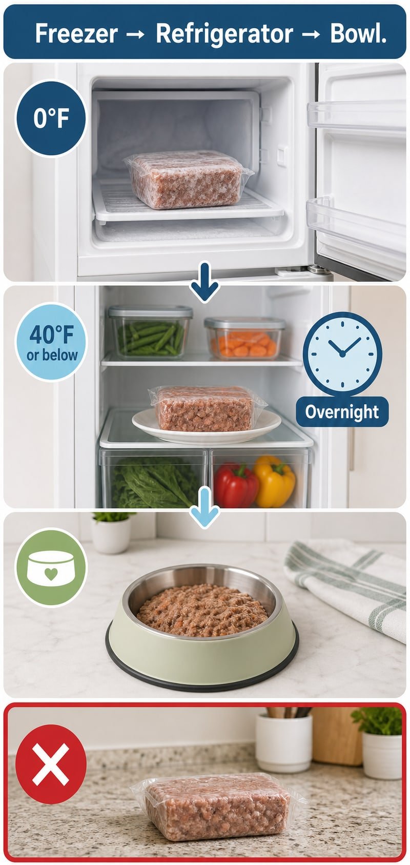 Safe thawing timeline from a 0 degree freezer to a refrigerator at 40 degrees or below overnight, then to a dog bowl, with counter thawing crossed out