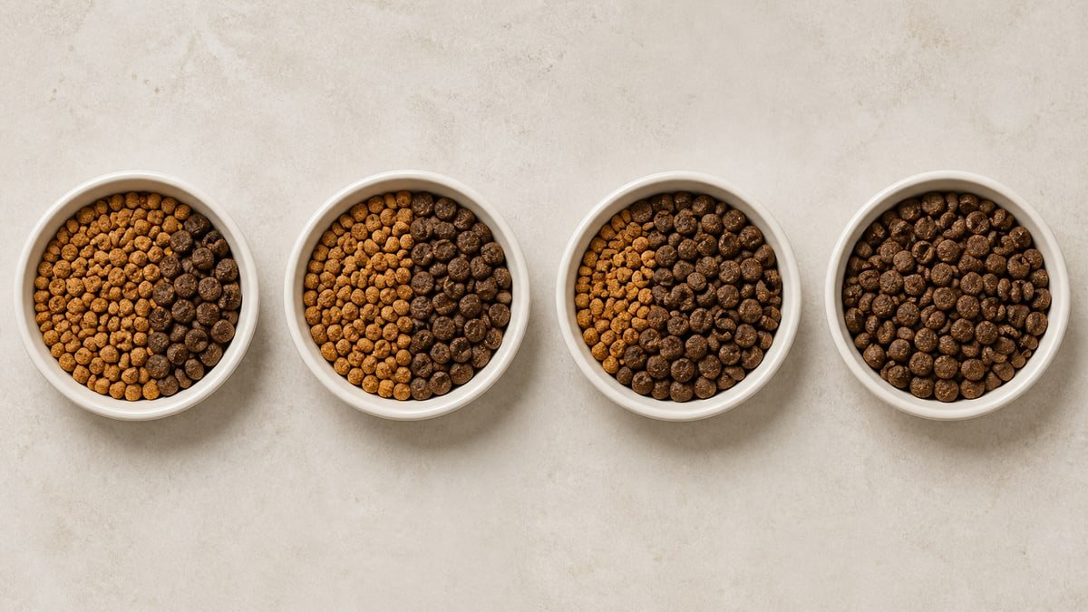 Four bowls showing a gradual change from lighter puppy kibble to darker adult kibble