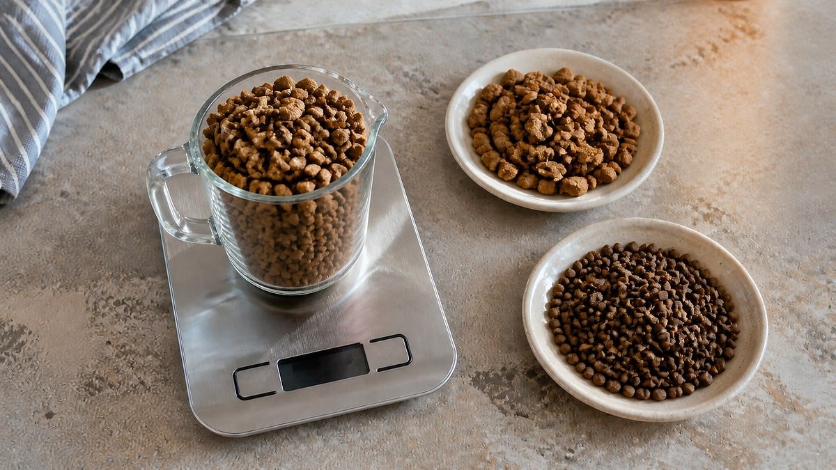 Clear cup of kibble on a kitchen scale beside two dishes of different kibble