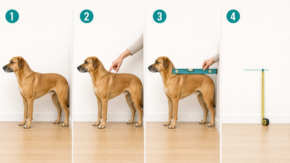 Four stages for measuring dog height: natural stance, locating the withers, leveling to the wall, and measuring the wall mark