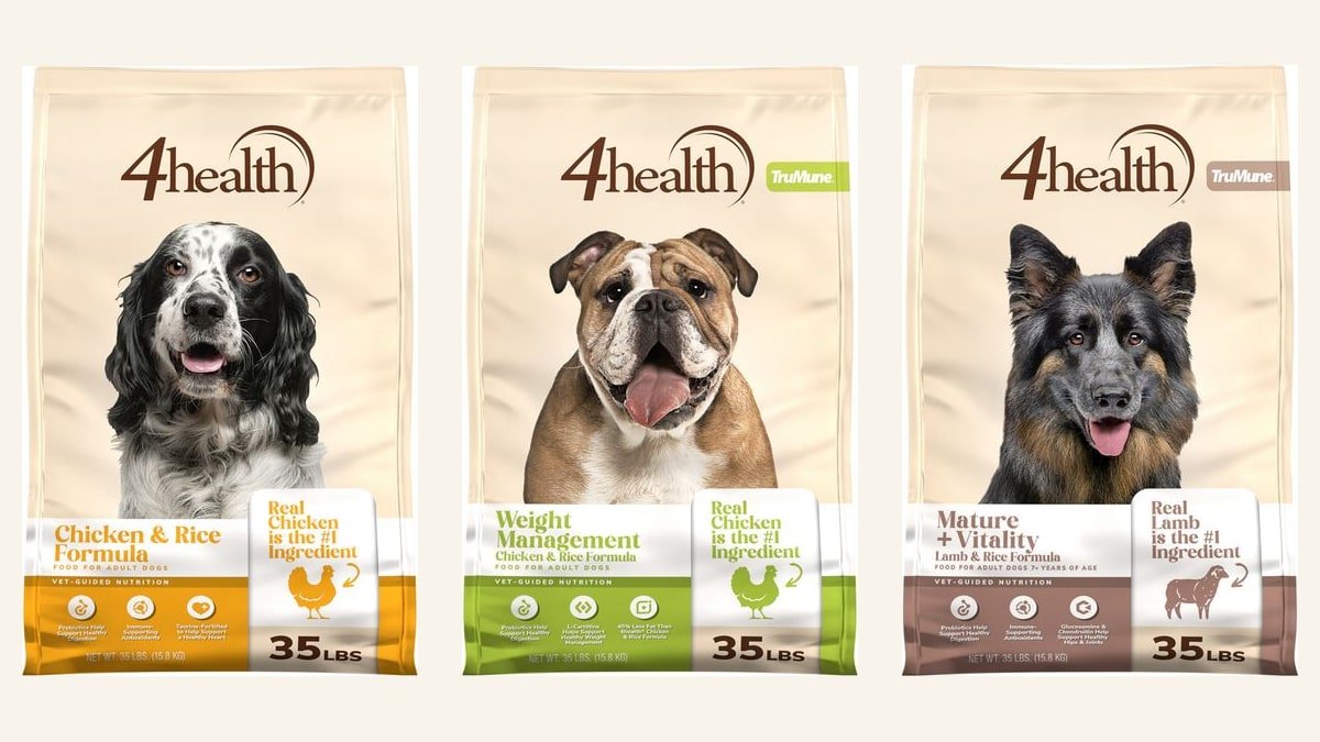 Official 4Health Chicken and Rice, Weight Management, and Mature dog-food packages