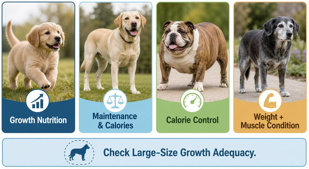 Puppy, healthy adult, overweight adult, and senior dog compared by the most important food-selection priority