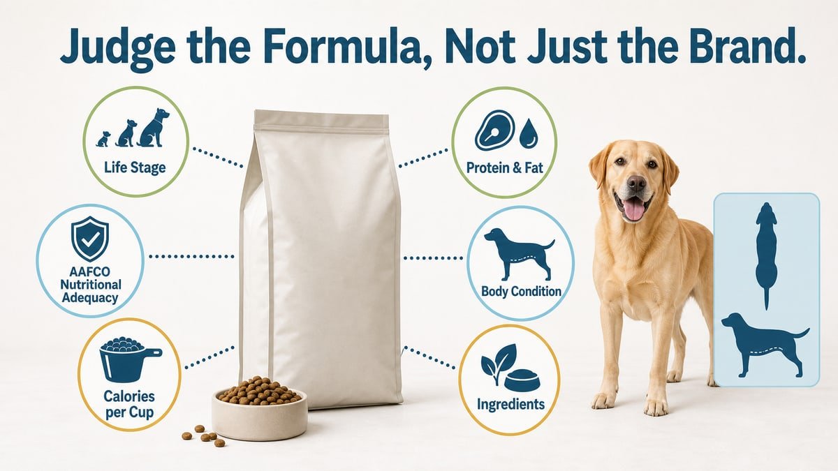 Six-point dog-food formula checklist covering life stage, nutritional adequacy, calories, protein and fat, body condition, and ingredients