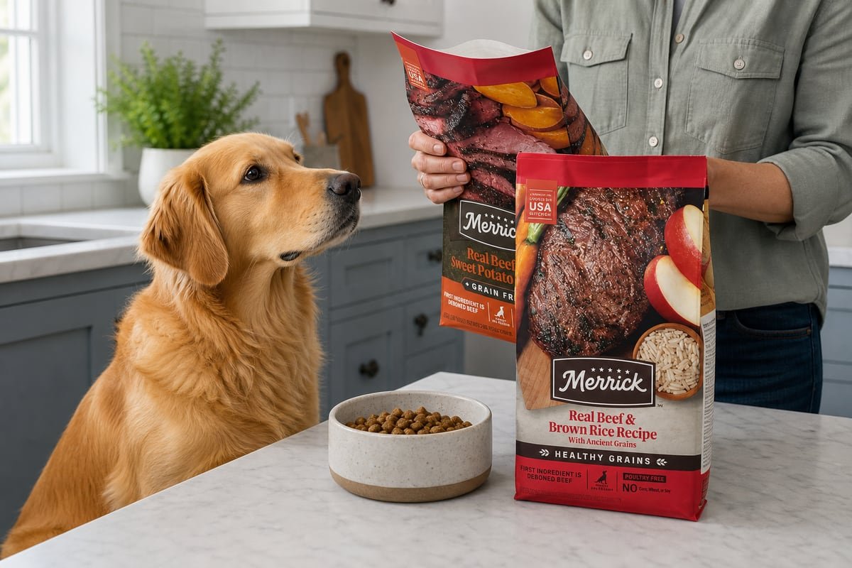 Dog owner comparing Merrick Healthy Grains and Grain Free dog food beside a healthy dog and measured bowl