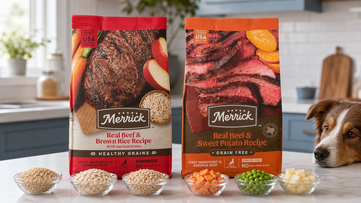 Merrick Healthy Grains and Grain Free beef recipes compared side by side with representative ingredients