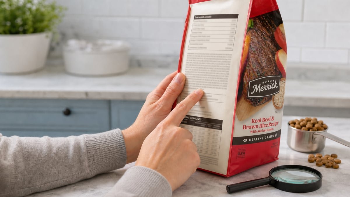 Owner checking the analysis, ingredients, calories, and feeding information on a Merrick dog food bag