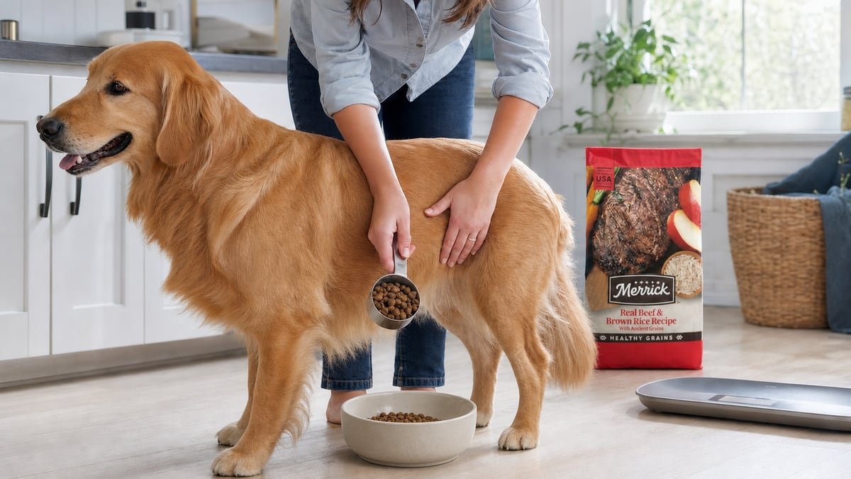 Measured Merrick kibble portion beside a healthy dog during a body-condition and weight check