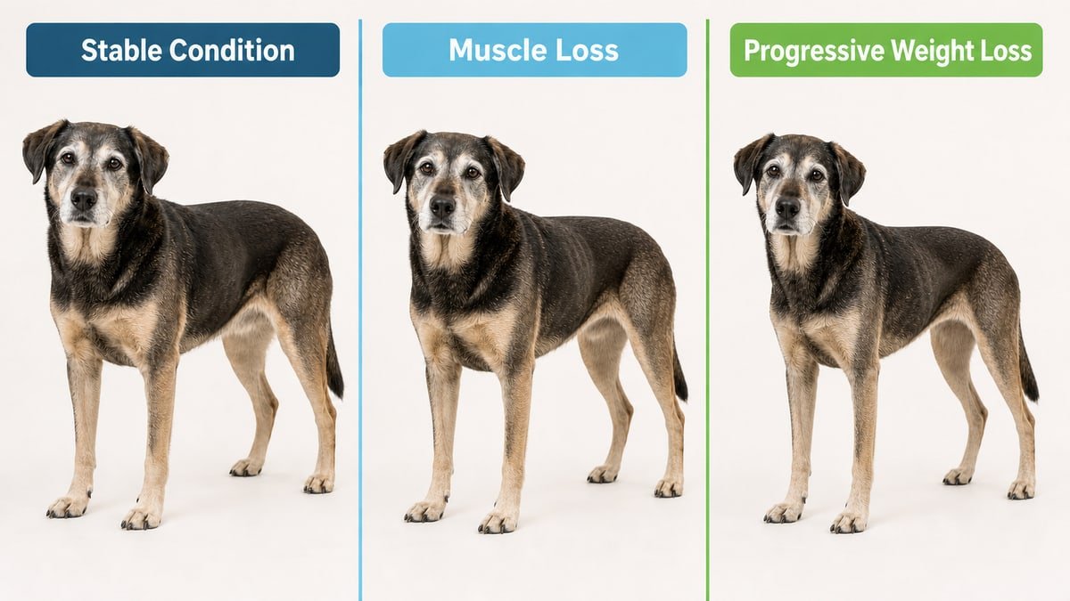 The same senior dog shown in stable condition, with muscle loss, and with progressive weight loss