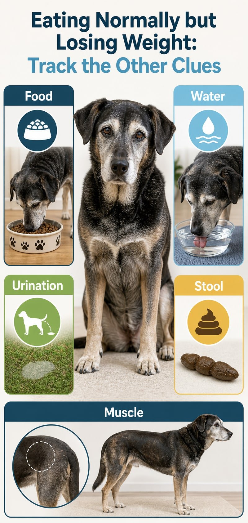 Senior dog surrounded by food, water, urination, stool, and muscle-condition observations
