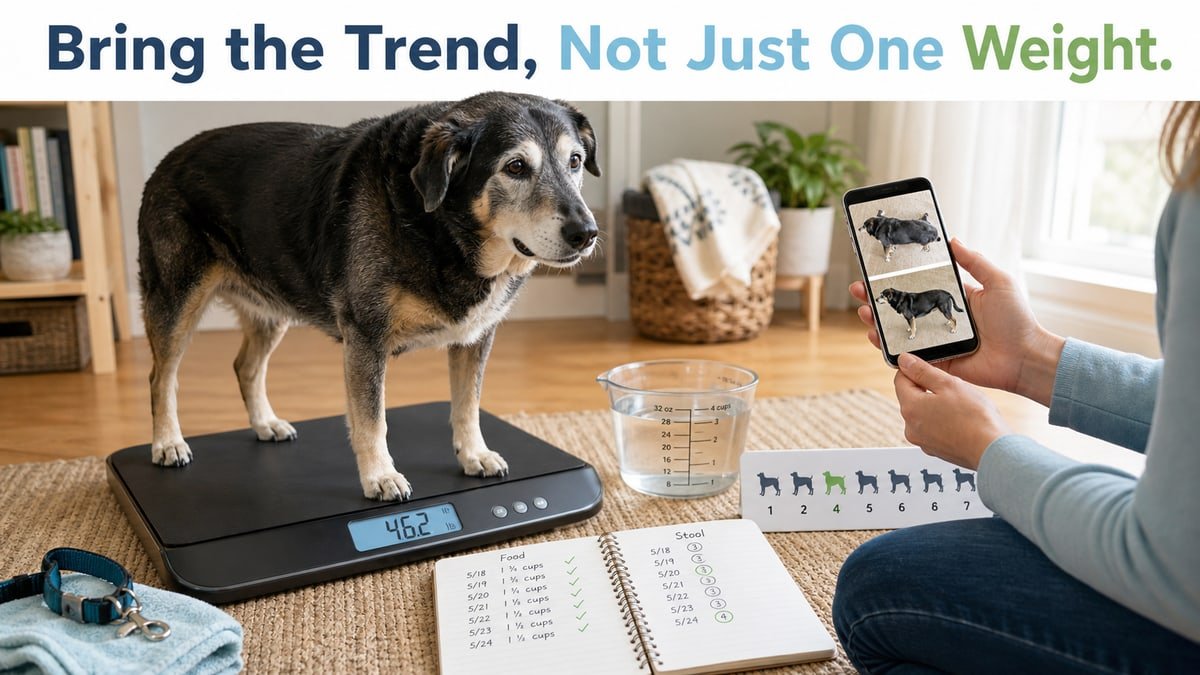 Owner tracking a senior dog's weight, body photos, water intake, food, and stool before a veterinary visit