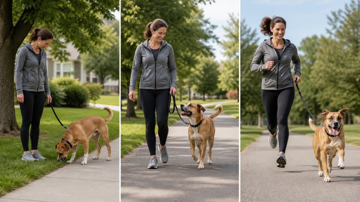 Same dog during a calm toilet outing, relaxed walk, and vigorous run