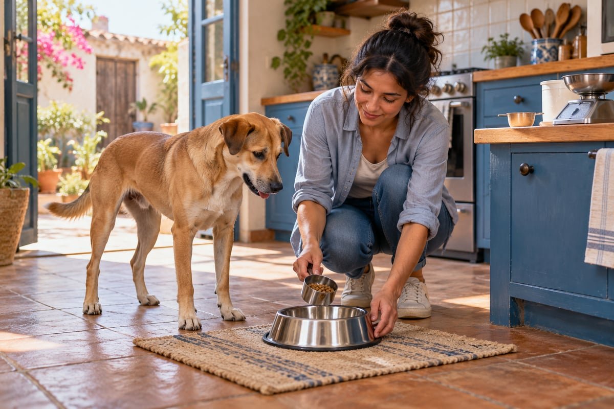 A woman crouching to place a measured meal near a tan dog, with a kitchen scale on the counter