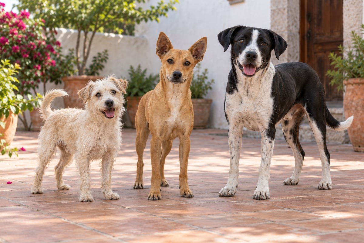 Cream, tan, and black-and-white dogs with different builds standing together in a Mexican courtyard