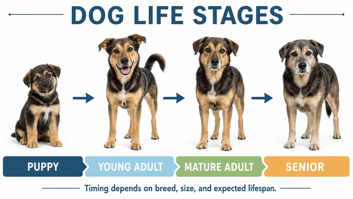 The same dog progressing through puppy, young adult, mature adult, and senior life stages