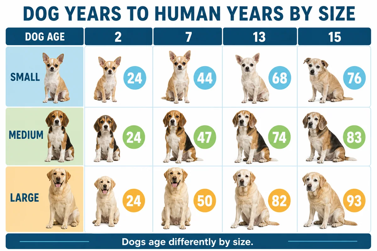 Dog years to human years comparison for small, medium, and large dogs at ages 2, 7, 13, and 15