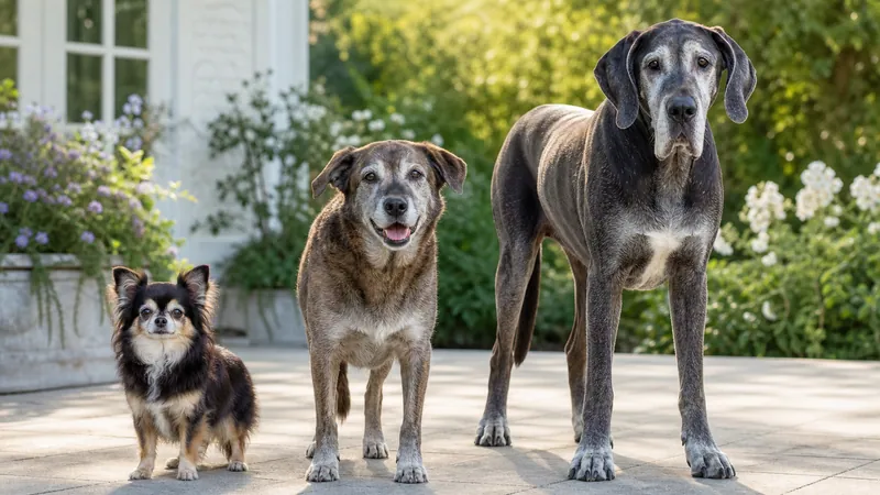 Three senior dogs of different sizes standing together outdoors