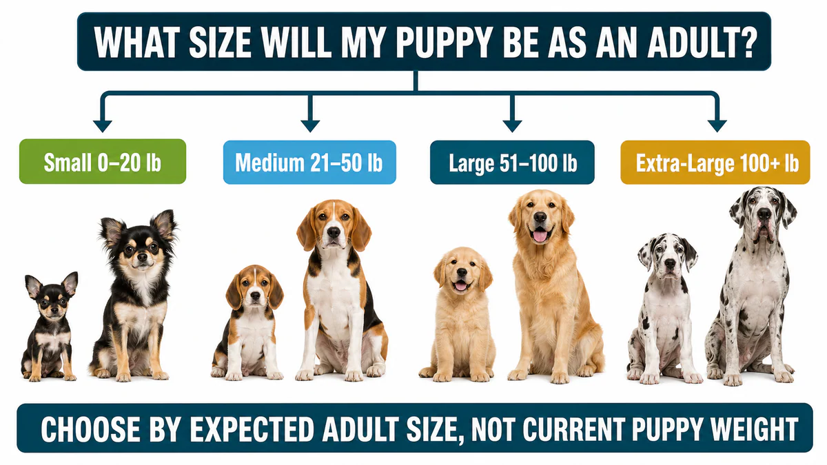 Flowchart choosing small, medium, large, or extra-large puppy growth charts by expected adult weight