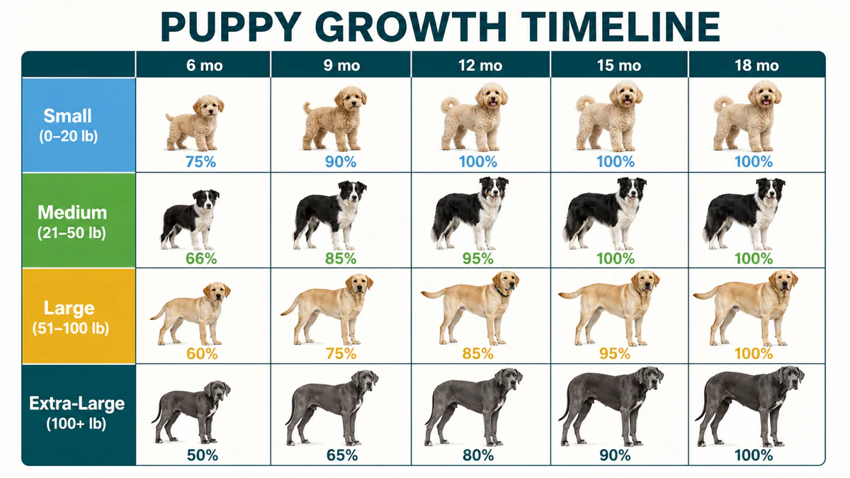 Puppy growth timeline comparing small, medium, large, and extra-large dogs from 6 to 18 months