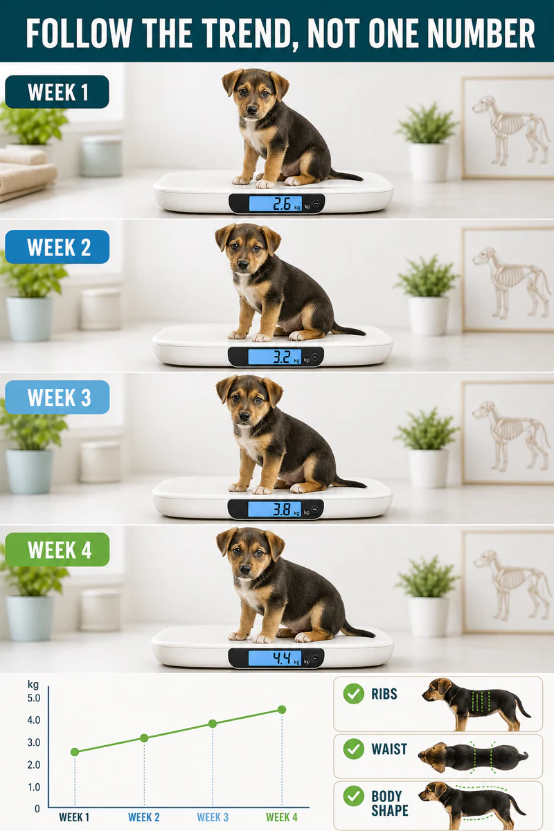 Four weekly puppy weigh-ins feeding into a growth trend with ribs, waist, and body shape checks