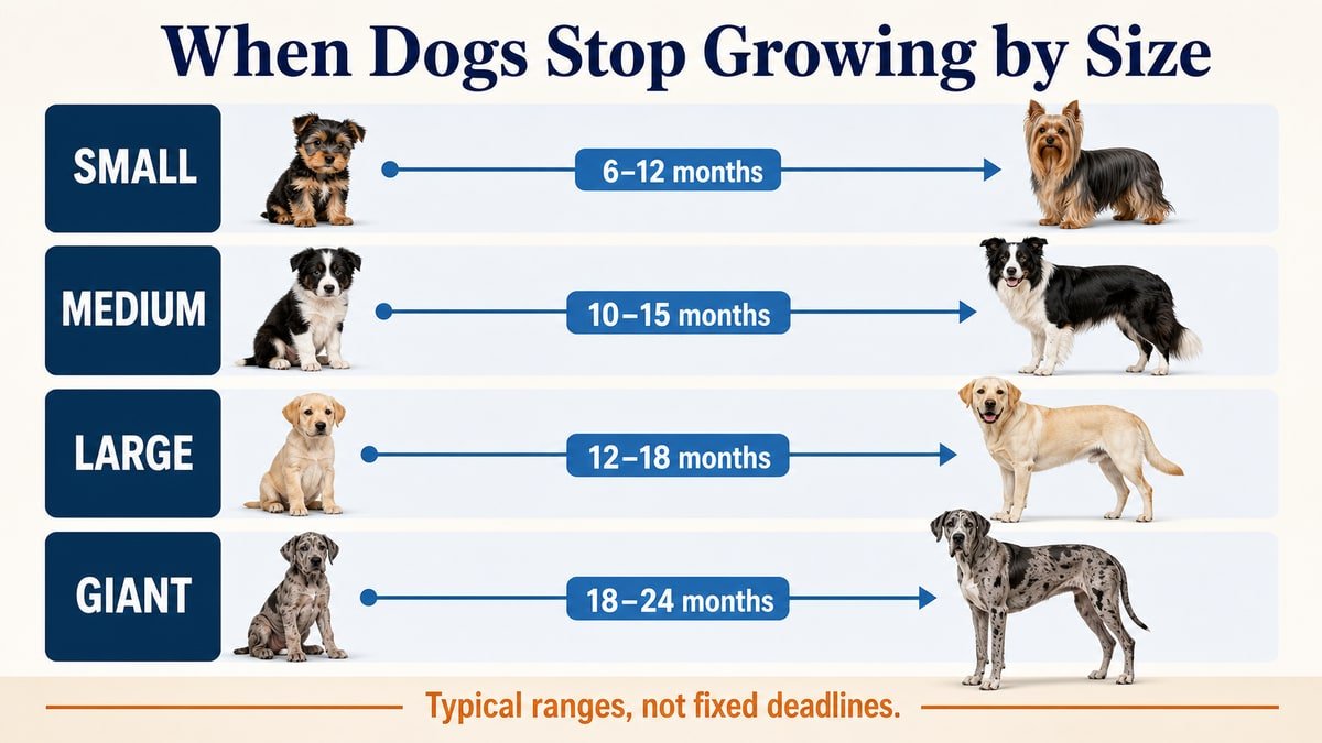 Growth timelines showing small dogs at 6 to 12 months, medium dogs at 10 to 15 months, large dogs at 12 to 18 months, and giant dogs at 18 to 24 months