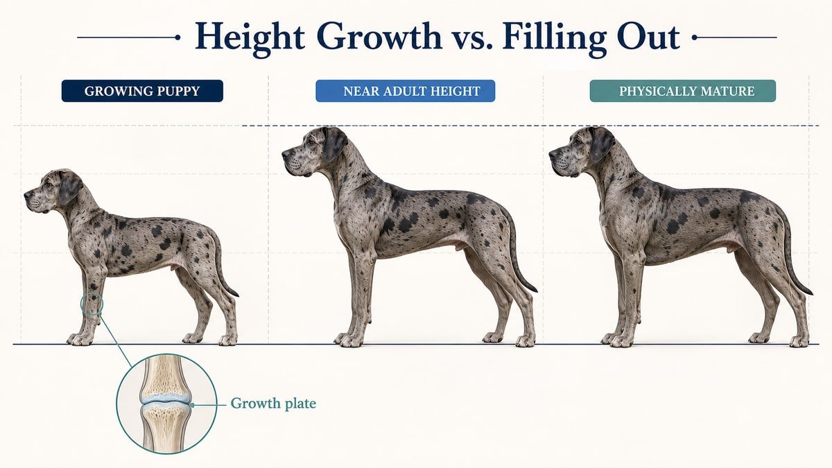 The same large-breed dog shown as a growing puppy, at near-adult height, and physically mature with a broader chest