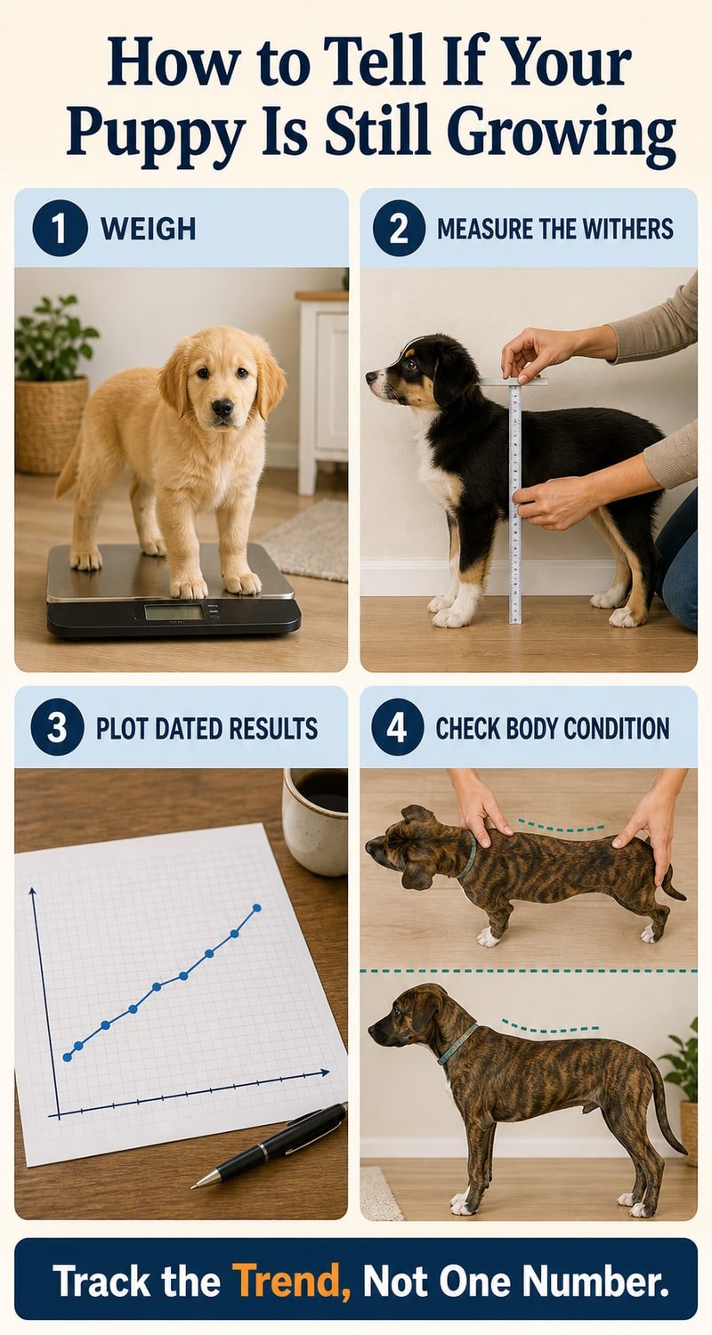 Four-step puppy growth tracking routine showing weight, withers measurement, a dated chart, and body condition checks